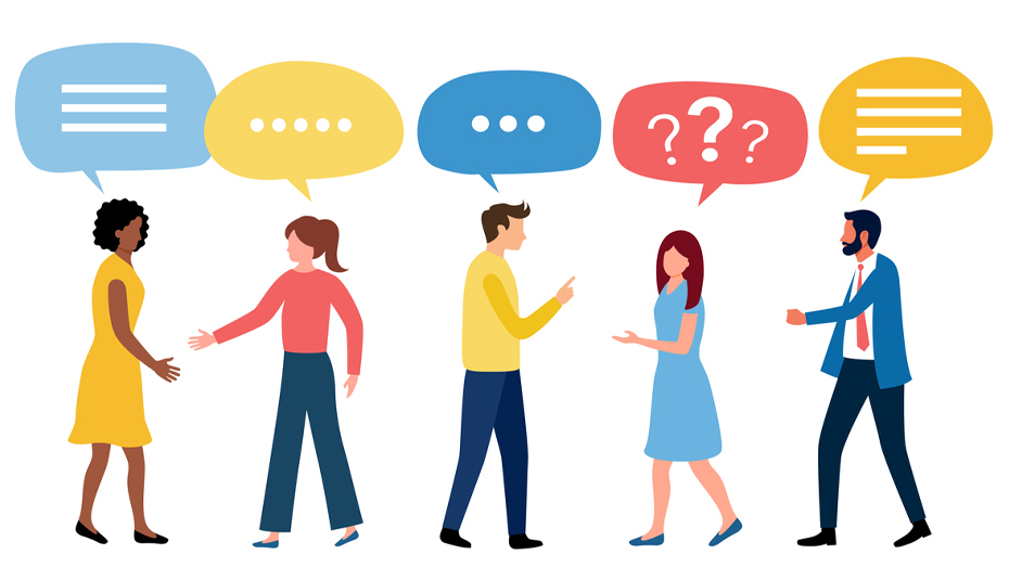 Ilustração de pessoas conversando com balões de fala sobre fundo branco.