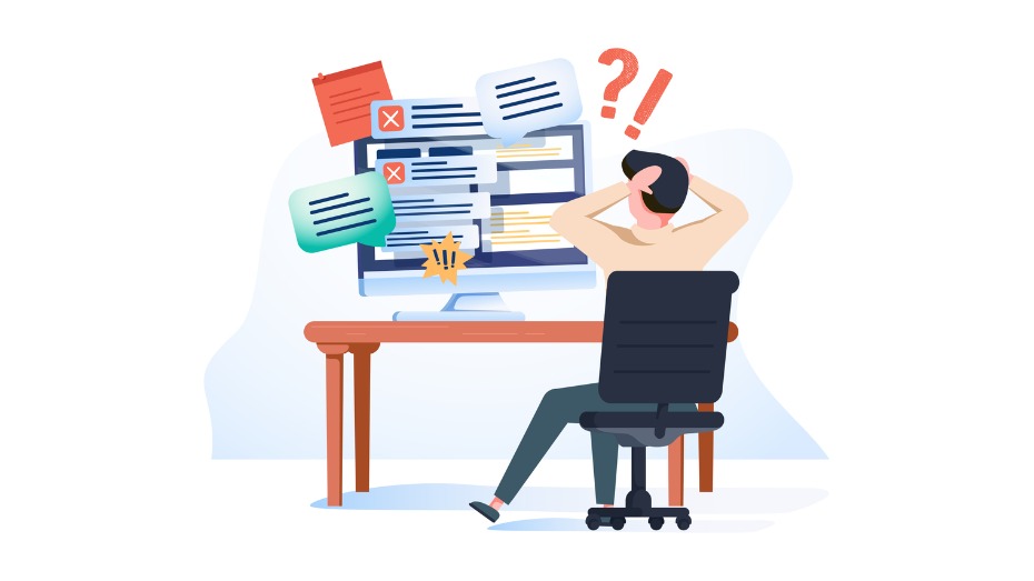 Desenho de um colaborador olhando para o computador e preocupado com quantidade de notificações.
