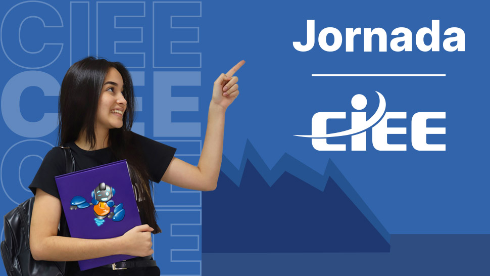 Capa com foto de uma jovem estudante de mochila e segurando caderno ao lado esquerdo apontando para o lado direito onde está escrito: Jornada CIEE